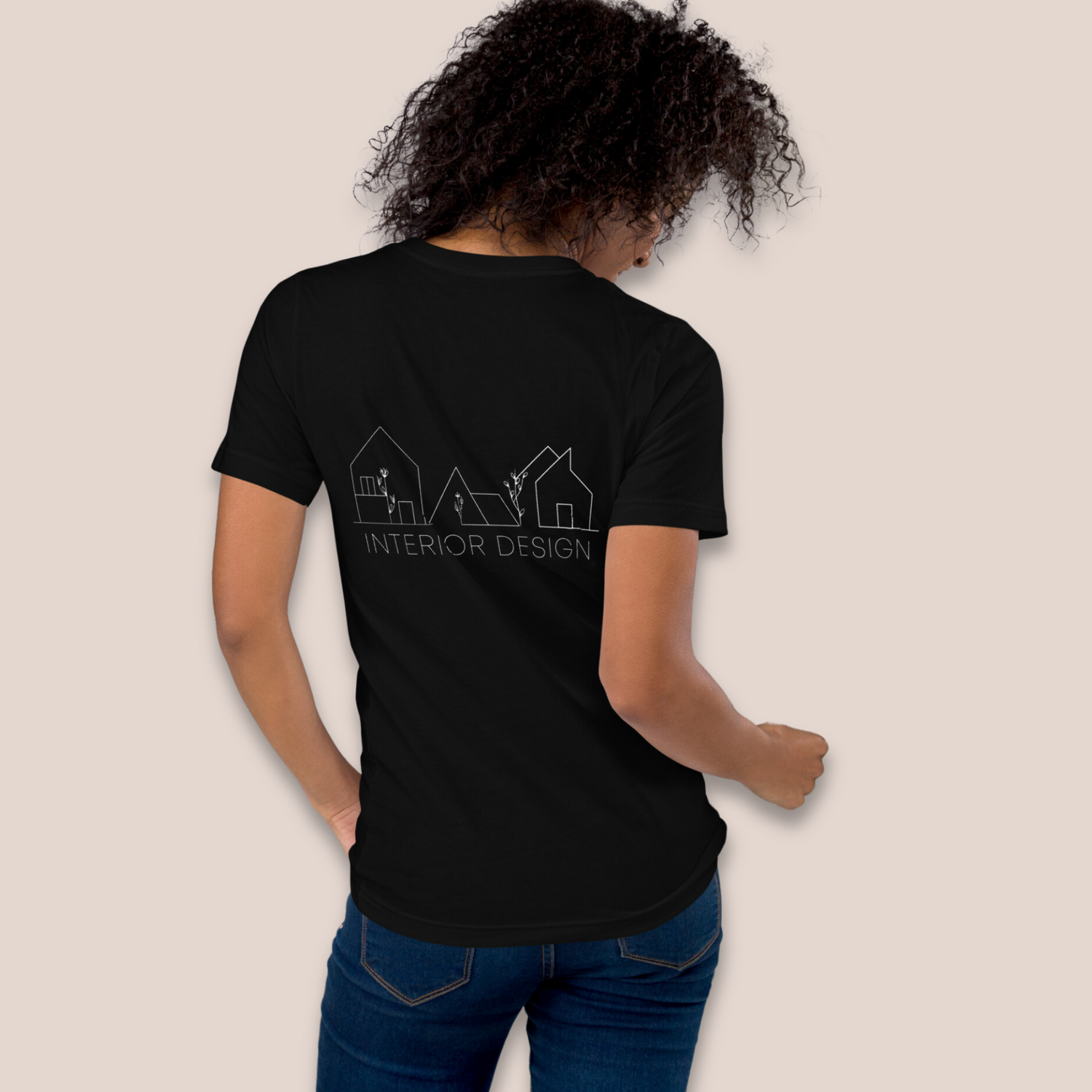 Woman wearing The OG Interior Design T-Shirt in Black with White Ink