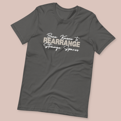 Grey Tshirt with phrase "Been known to rearrange strange spaces" in white script and tan block fonts